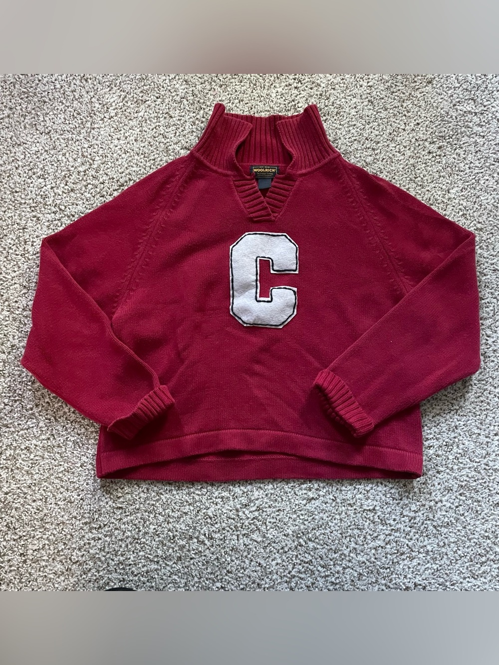 Woolrich Women's Deep Red Mock Neck Sweater with White 'C' Patch
